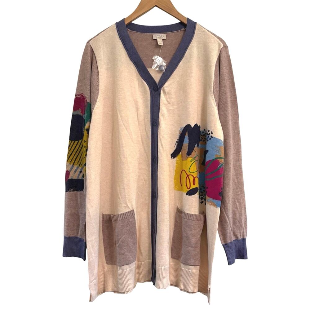 Logo Lori Goldstein Artsy Cardigan Sweater Womens Size XL Teacher Art Boho